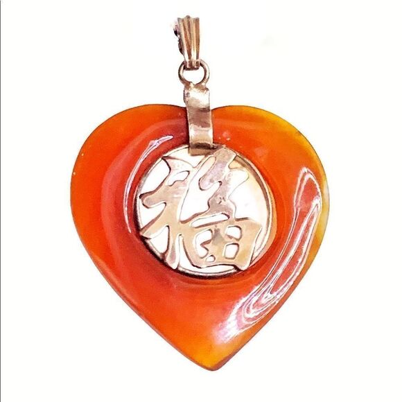 Vintage Hobe’ Carnelian glass Chinese symbol heart shaped pendant - Picture 7 of 7